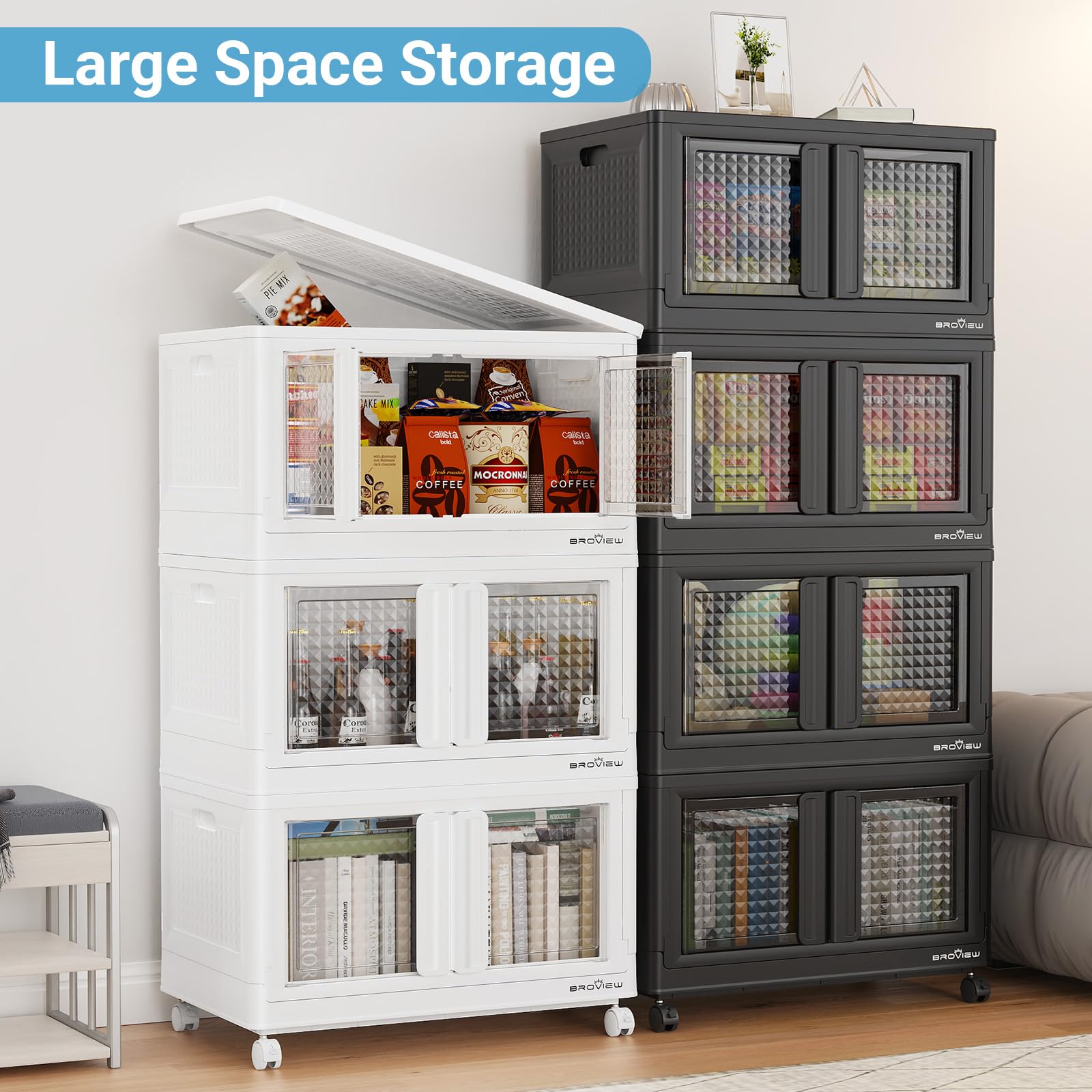 BROVIEW 300Qt Stackable Storage Bins with Lids, 75Gal Closet Organizers and Storage Drawer, Plastic Collapsible Storage Bins with Doors, Heavy Duty Store Box Cabinet for Home Kitchen, 3Pack White