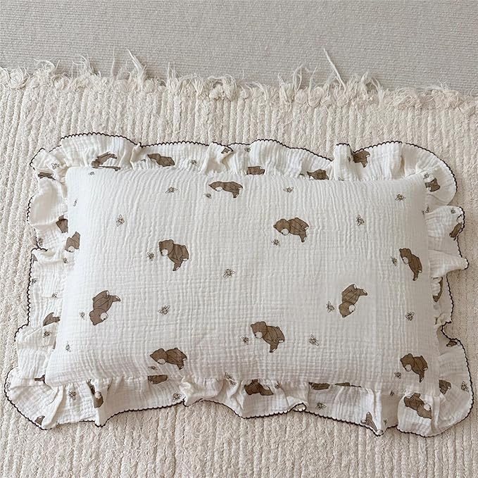 BuLuTu Cartoon Bear Muslin Pillowcase for Boys Girls Cute Animal Print Toddler Pillow Cases Soft Breathable Cotton Pillow Cover for Young Kids Bedding Nursery Decor,1 Piece, 20"x26"