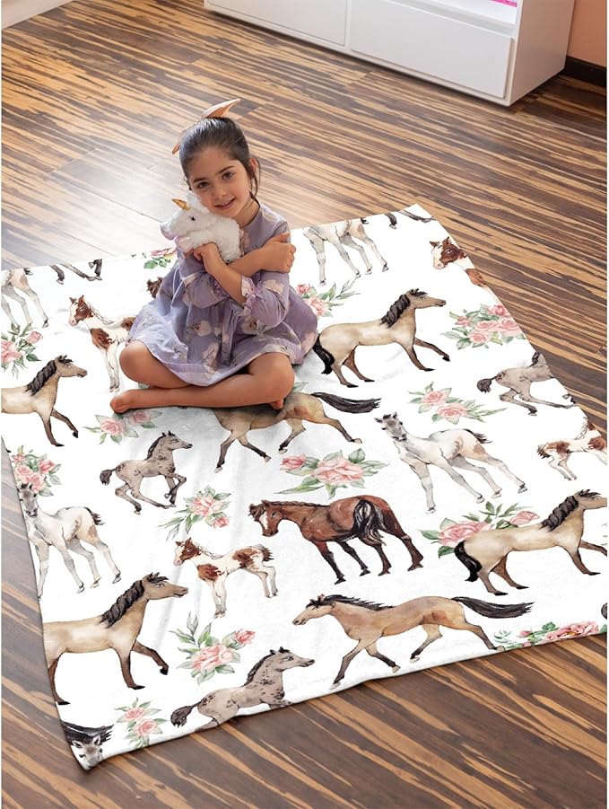 Horse Rose Throw Blanket for Women Men Flowers Blanket Gifts for Adults Cute Horses Lightweight Blanket 60X80 Inches for Bed All Season