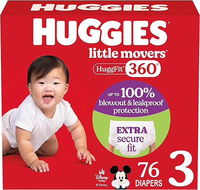 Huggies Size 3 Baby Diapers, Little Movers HuggFit 360° Baby Diapers with 360° Waistband, Size 3 (16-28 lbs), 76 Count, Packaging May Vary
