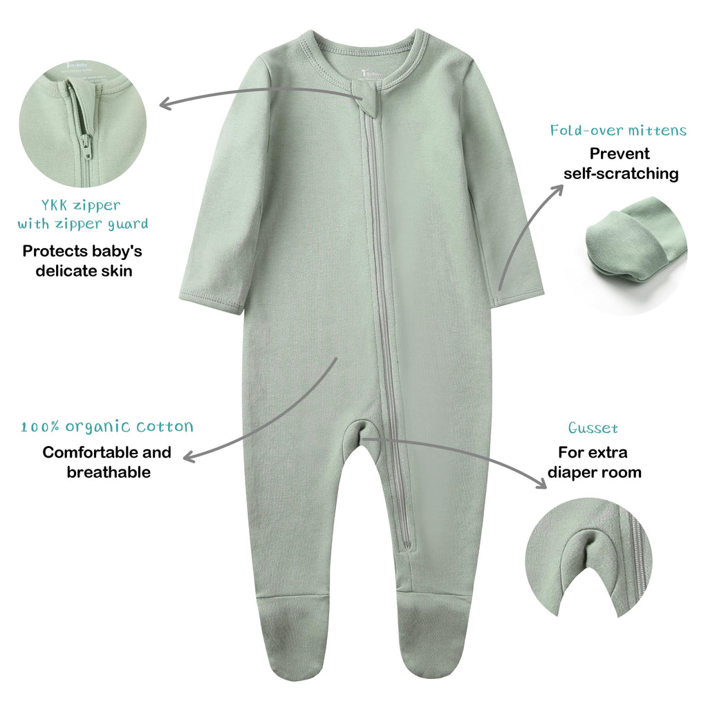 O2 BABY Baby Boys Girls Organic Cotton Zip Front Sleeper Pajamas, Footed Sleep 'n Play（12-18 Months, Sage）