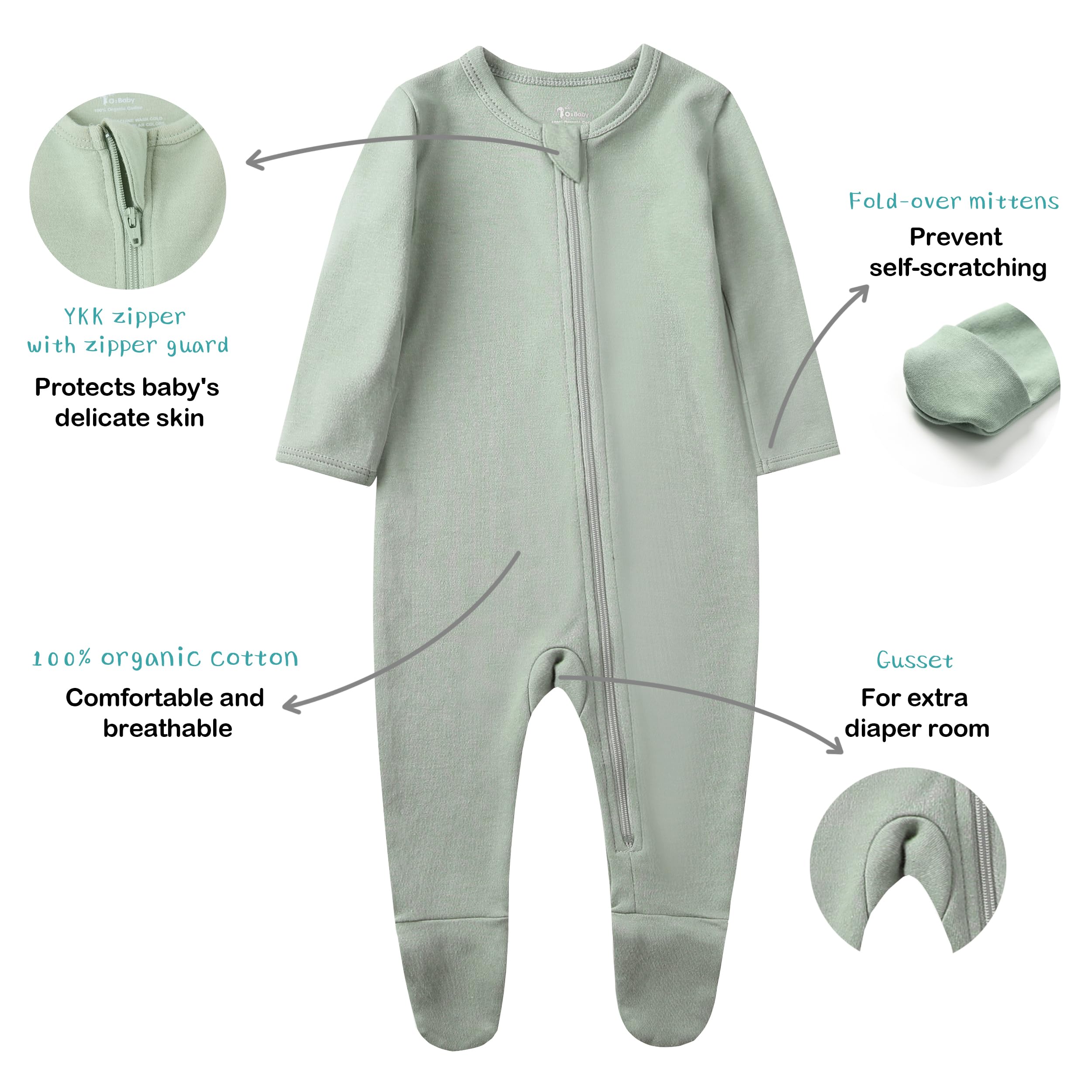O2 BABY Baby Boys Girls Organic Cotton Zip Front Sleeper Pajamas, Footed Sleep 'n Play（12-18 Months, Sage）