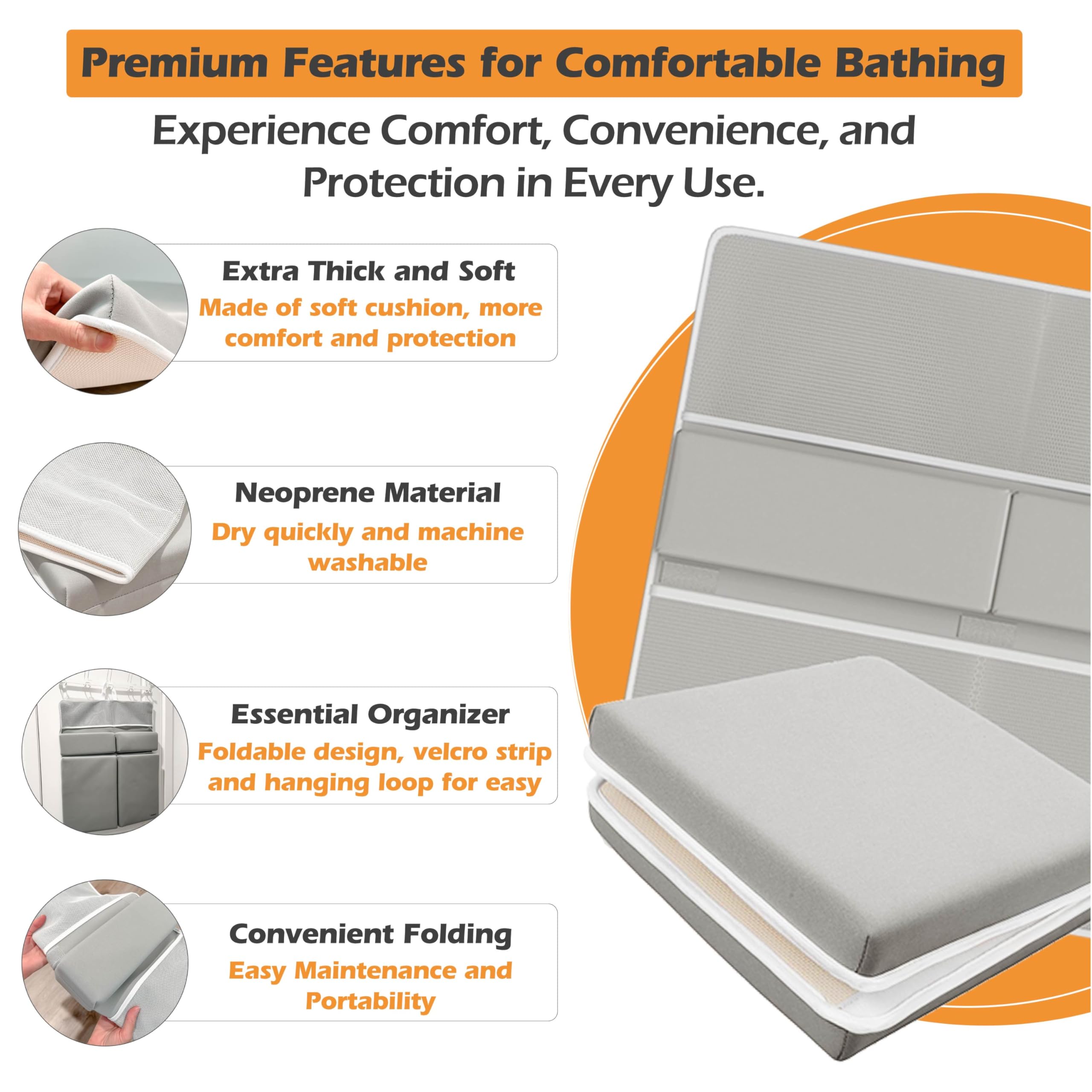 BATALEE Bath Kneeler and Elbow Rest Pad Set - Baby Bath Kneeler, Bathtub Kneeling Pad, Kneeling Pad for Bathing Baby, Knee & Elbow Saver with 4 Toy Organizer Pockets, X-Large 22 × 15 in, Gray