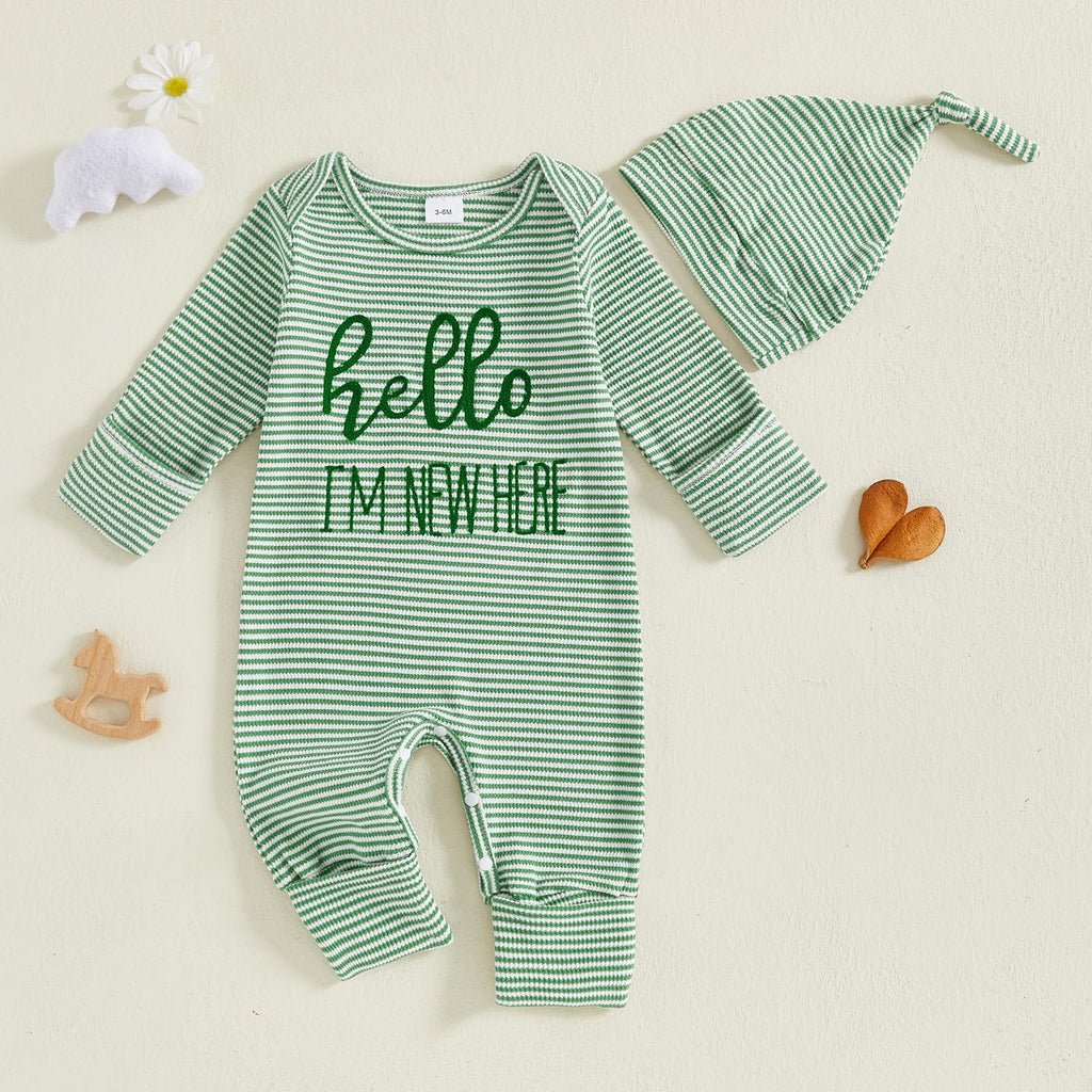 Fernvia Newborn Baby Boy Clothes Letters Print Bodysuit 3 6 9 12 18 Months Long Sleeve Jumpsuit with Hat 2PCS Outfits Set (D Green, Newborn)
