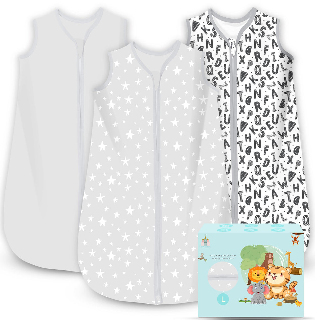 Cute Castle Baby Sleep Sack 12-18 Months - Lightweight 100% Cotton 2-Way Zipper TOG 0.5 Infant Wearable Blanket, Newborn Essentials Toddler Sleep Clothes, 3 Pack(Gray, Letters, Stars)