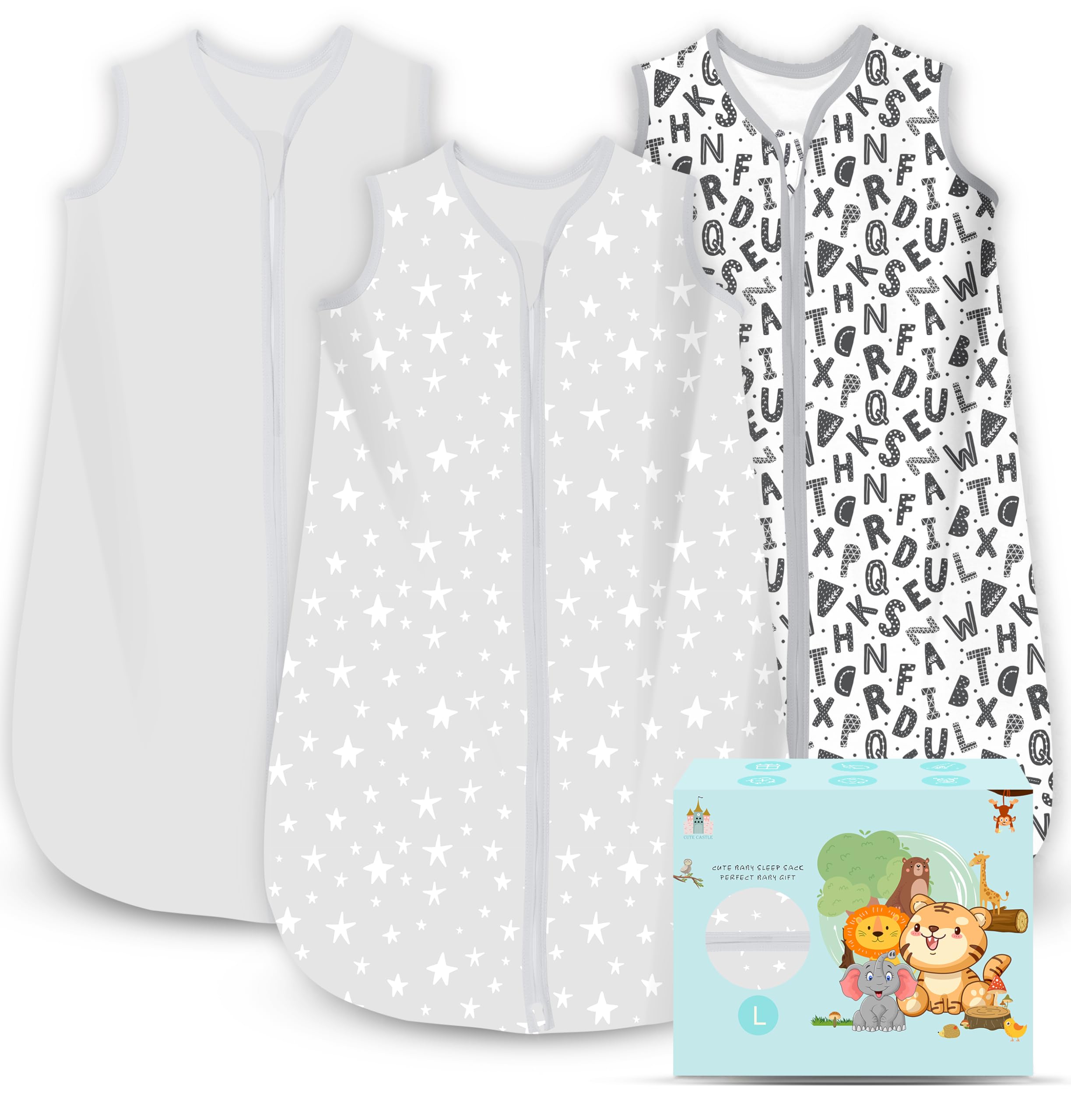 Cute Castle Baby Sleep Sack 12-18 Months - Lightweight 100% Cotton 2-Way Zipper TOG 0.5 Infant Wearable Blanket, Newborn Essentials Toddler Sleep Clothes, 3 Pack(Gray, Letters, Stars)