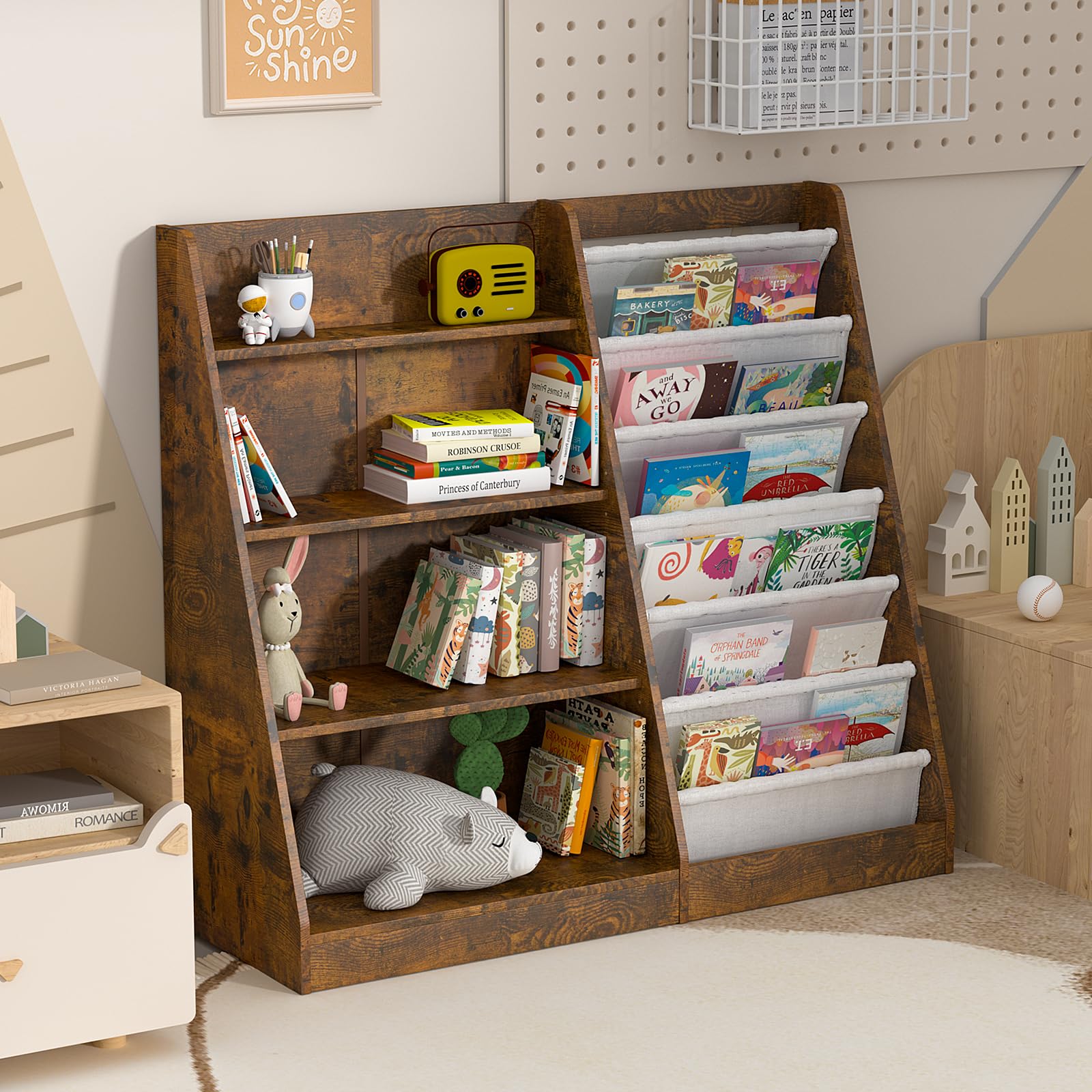 HedoAjim Kids Bookshelf for Bedroom Toddler Child Baby Bookcase 4-Tier for Nursery Book Toy Storage Organizer 6 Sling Adjustable Display Shelf Stand Book Rack Wood Classroom Playroom Rustic Brown