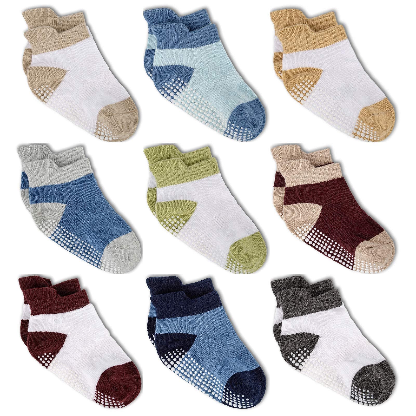 ZAPLES Baby Boys Non Slip Grip Ankle Socks with Non Skid Soles for Infants Toddlers Kids, 9 Pairs, Color-Blocked, 4-7 Years