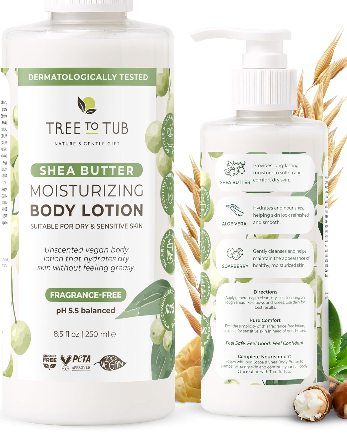 Tree To Tub Cocoa Butter Lotion for Sensitive Skin - Moisturizing Shea Butter Lotion for Extremely Dry Skin for Women & Men - Lemongrass & Coconut Body Cream w/Organic Aloe Vera, Colloidal Oatmeal