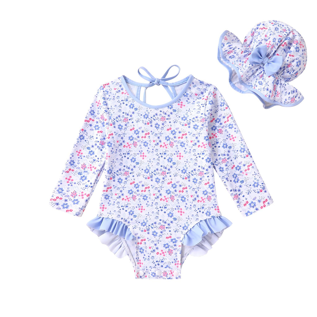 Infant Baby Girls Long Sleeve One Piece Swimsuit with Hat Floral Zipper Bathing Suit Leopard Beach Wear (Blue Border Floral Fragments，18-24Months)