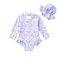 Infant Baby Girls Long Sleeve One Piece Swimsuit with Hat Floral Zipper Bathing Suit Leopard Beach Wear (Blue Border Floral Fragments，18-24Months)