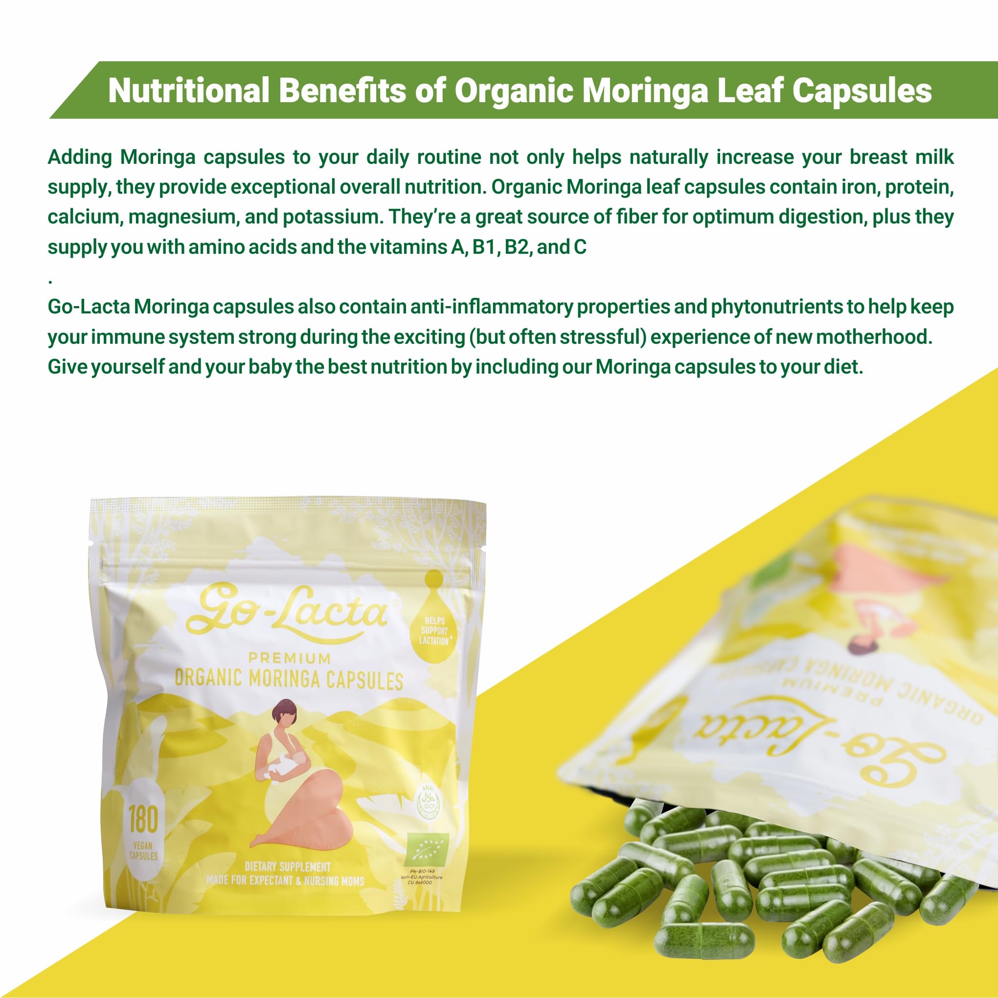 Go-Lacta 100% Organic Premium Moringa Capsules for Breastfeeding - Build Breast Milk Supply Before Birth - Healthy Breastfeeding for Mom and Baby - Increase Breast Milk Supply