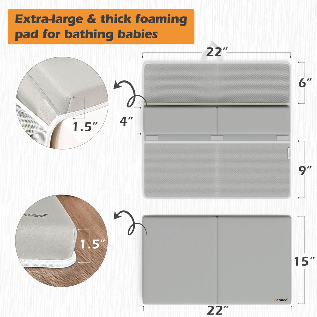 BATALEE Bath Kneeler and Elbow Rest Pad Set - Baby Bath Kneeler, Bathtub Kneeling Pad, Kneeling Pad for Bathing Baby, Knee & Elbow Saver with 4 Toy Organizer Pockets, X-Large 22 × 15 in, Gray