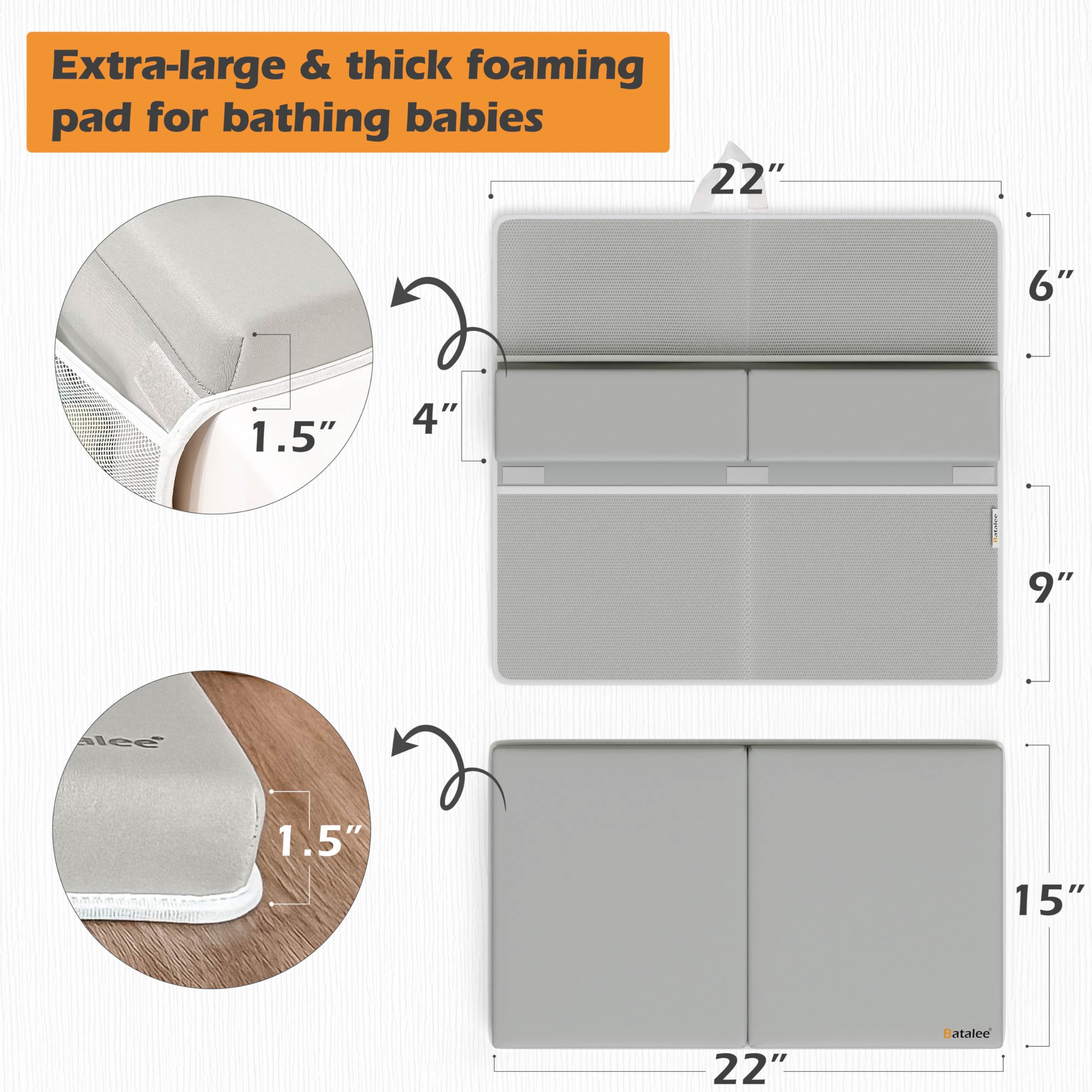 BATALEE Bath Kneeler and Elbow Rest Pad Set - Baby Bath Kneeler, Bathtub Kneeling Pad, Kneeling Pad for Bathing Baby, Knee & Elbow Saver with 4 Toy Organizer Pockets, X-Large 22 × 15 in, Gray