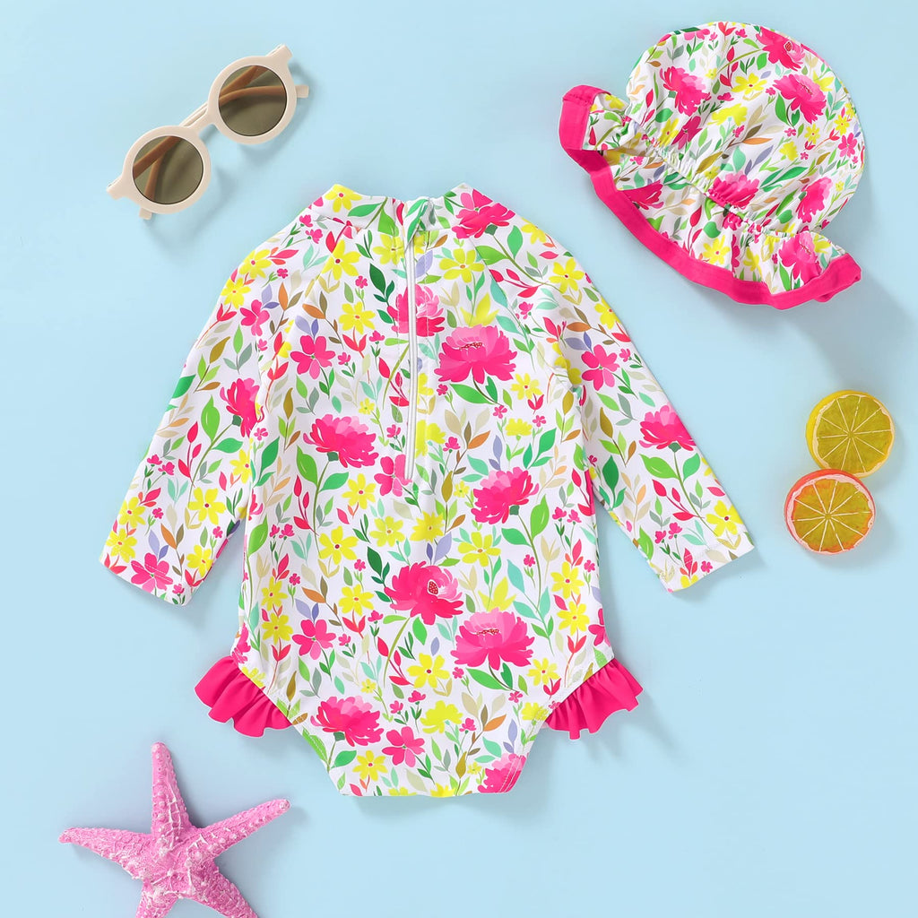 Infant Baby Girl Swimsuit One-Piece Long Sleeve Rash Guard with Hat Set Floral Zipper Bathing Suit Leopard Beach Wear(Bright Yellow, 12-18M)