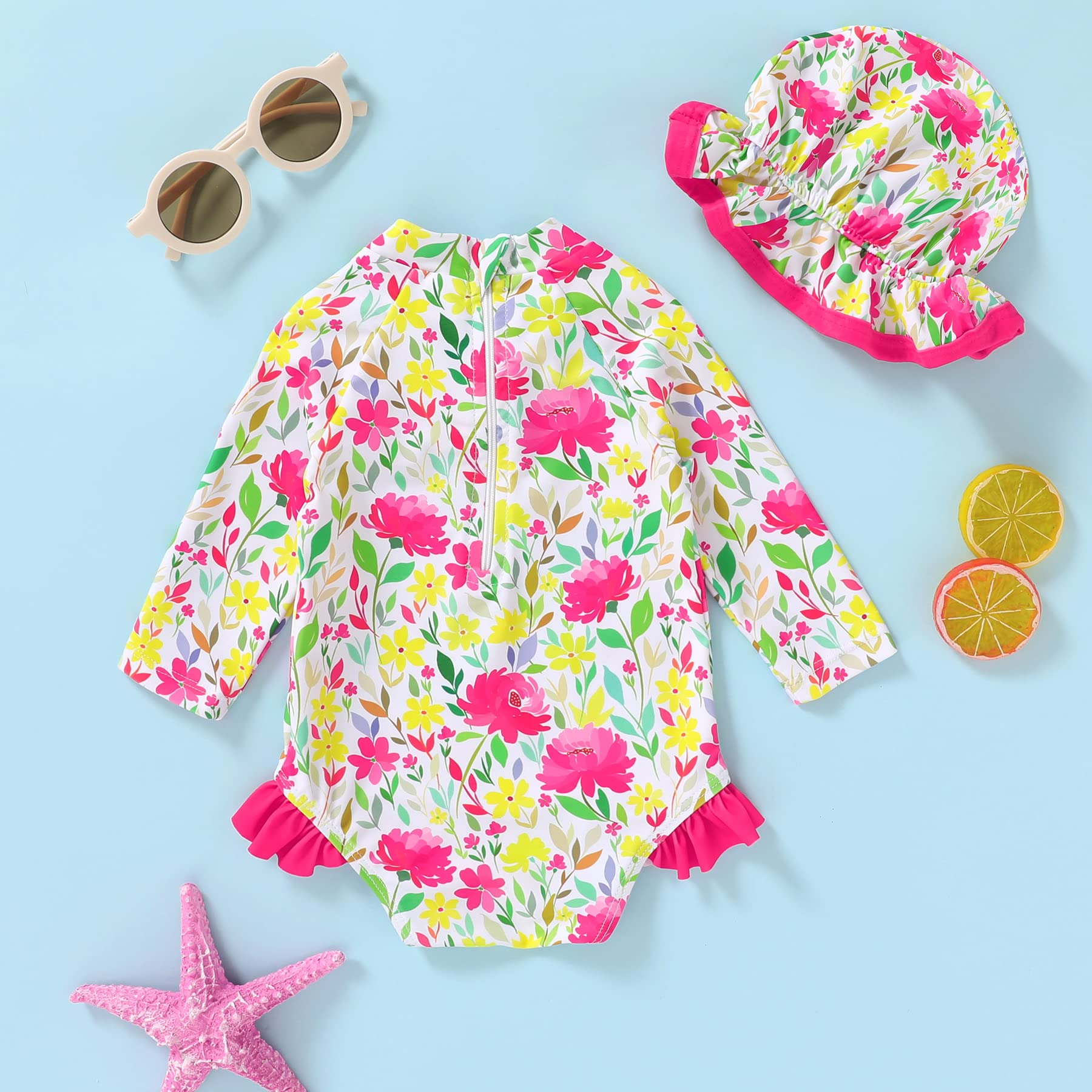 Infant Baby Girl Swimsuit One-Piece Long Sleeve Rash Guard with Hat Set Floral Zipper Bathing Suit Leopard Beach Wear(Bright Yellow, 12-18M)