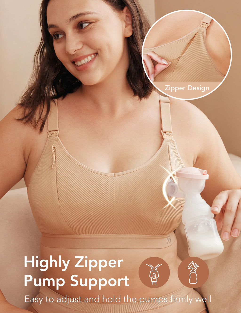 Pumping Bra Hands Free Zip Opening Design Seamless Nursing Bras for Breastfeeding High Support Nursing & Pumping Bra in One Beige M
