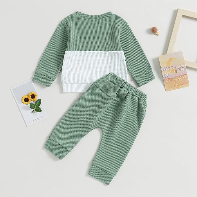 Toddler Baby Boy Fall Clothes Waffle Contrast Color Sweatshirt Pants Sets Infant Winter Outfits 6 12 18 24 Months