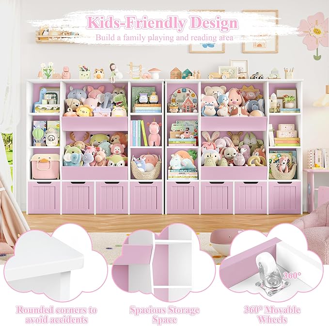 FINETONES Toy Organizers and Storage with 4 Movable Drawers, Large Toy Storage Organizer with 8 Open Storage Cubbies, Kids Bookshelf and Toy Storage with Hidden Wheels for Playroom, Kids Room,Pink
