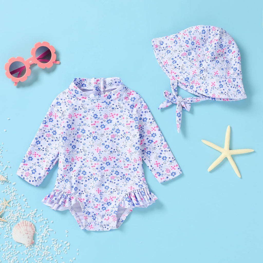 Infant Baby Girl Swimsuit One-Piece Long Sleeve Rash Guard with Hat Set Floral Zipper Bathing Suit Leopard Beach Wear (12-18 Months, Flower#2)