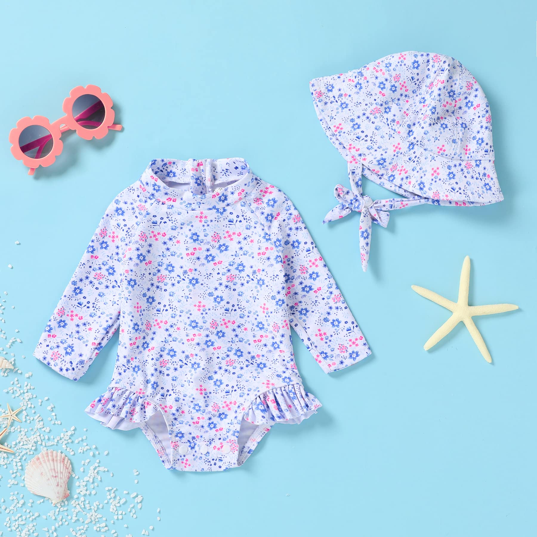 Infant Baby Girl Swimsuit One-Piece Long Sleeve Rash Guard with Hat Set Floral Zipper Bathing Suit Leopard Beach Wear (12-18 Months, Flower#2)