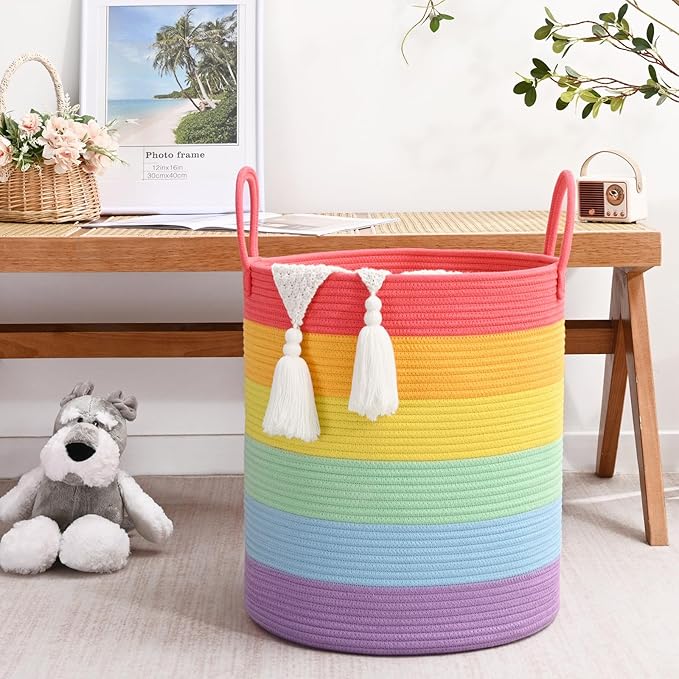 52L Rainbow Storage Basket for Organizing, 15"×18" Large Tall Laundry Baskets, Cotton Rope Woven Blanket Basket, Toy Storage for Kids, Collapsible Laundry Hamper for Living Room, Nursery Room