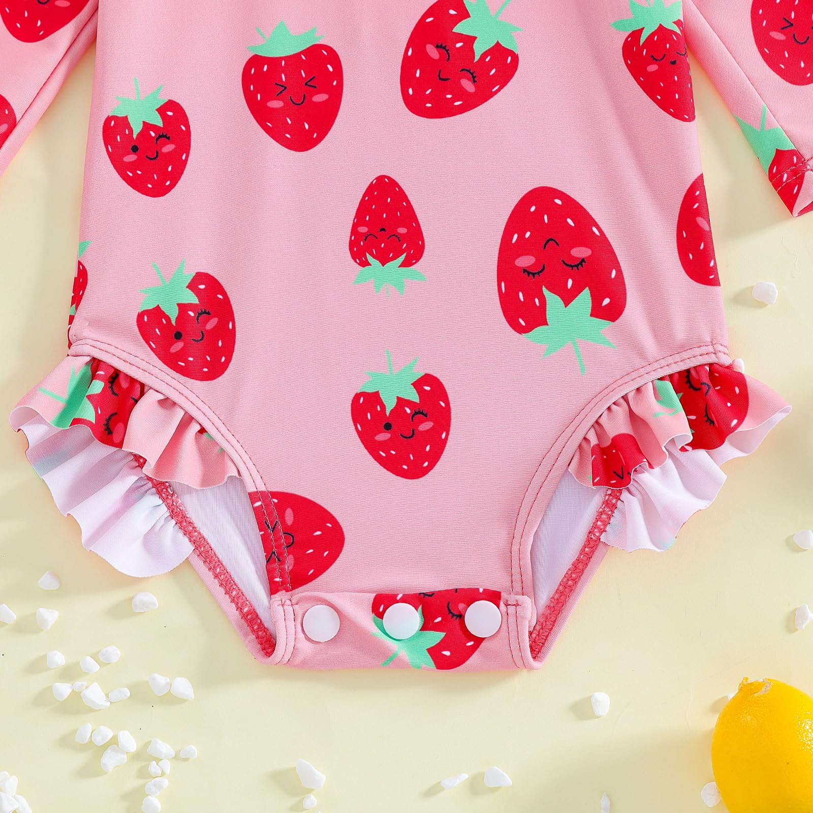WOLBAY Baby Girl Swimsuit Long Sleeve One Piece Rash Guard with Sun Hat Zipper Bathing Suit Size 0-2T (US, Age, 18 Months, 24 Months, Strawberry)