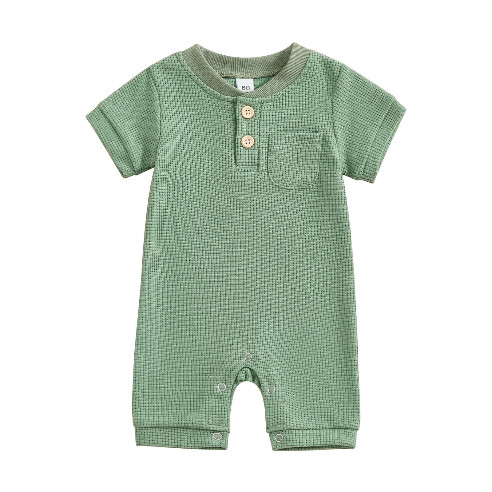 Kuriozud Newborn Baby Boy Girl Clothes Button Solid Short Sleeve Romper Jumpsuit Basic One Piece Outfits Baby Neutral Clothing Waffle Short Sleeve Green, 0-3 Months
