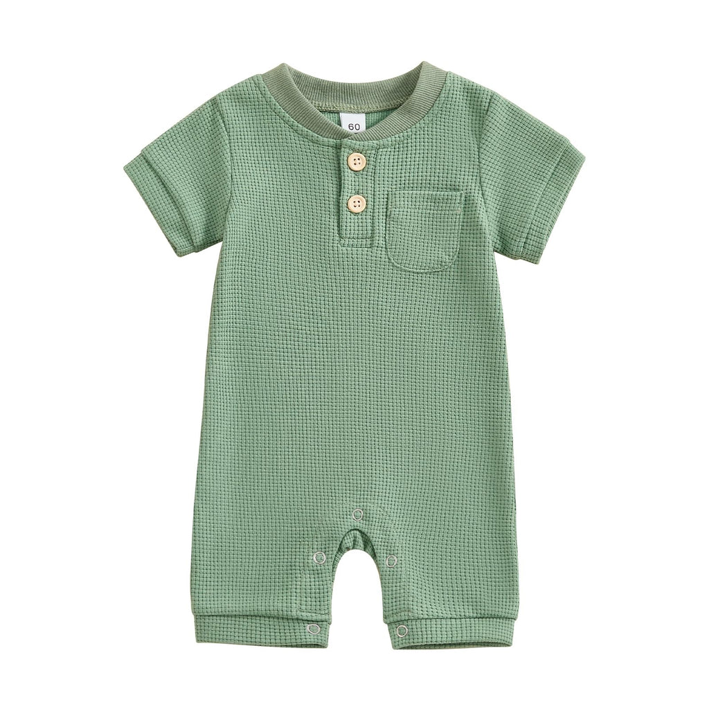 Kuriozud Newborn Baby Boy Girl Clothes Button Solid Short Sleeve Romper Jumpsuit Basic One Piece Outfits Baby Neutral Clothing Waffle Short Sleeve Green, 0-3 Months