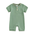 Kuriozud Newborn Baby Boy Girl Clothes Button Solid Short Sleeve Romper Jumpsuit Basic One Piece Outfits Baby Neutral Clothing Waffle Short Sleeve Green, 0-3 Months