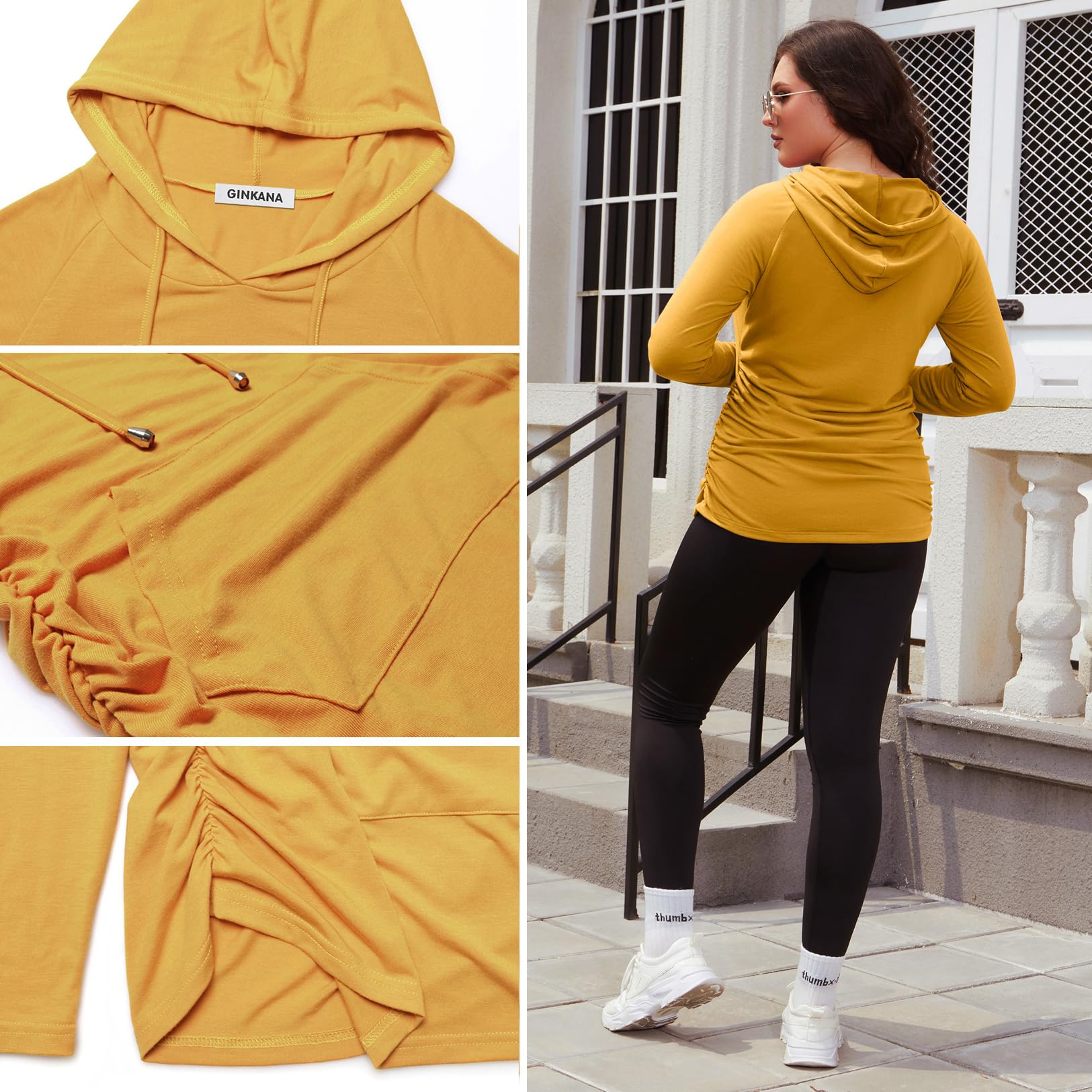 GINKANA Maternity Pullover Shirts Long Sleeve Hoodie with Pocket Ruched Maternity Casual Hoodie,Dark Yellow,XXL