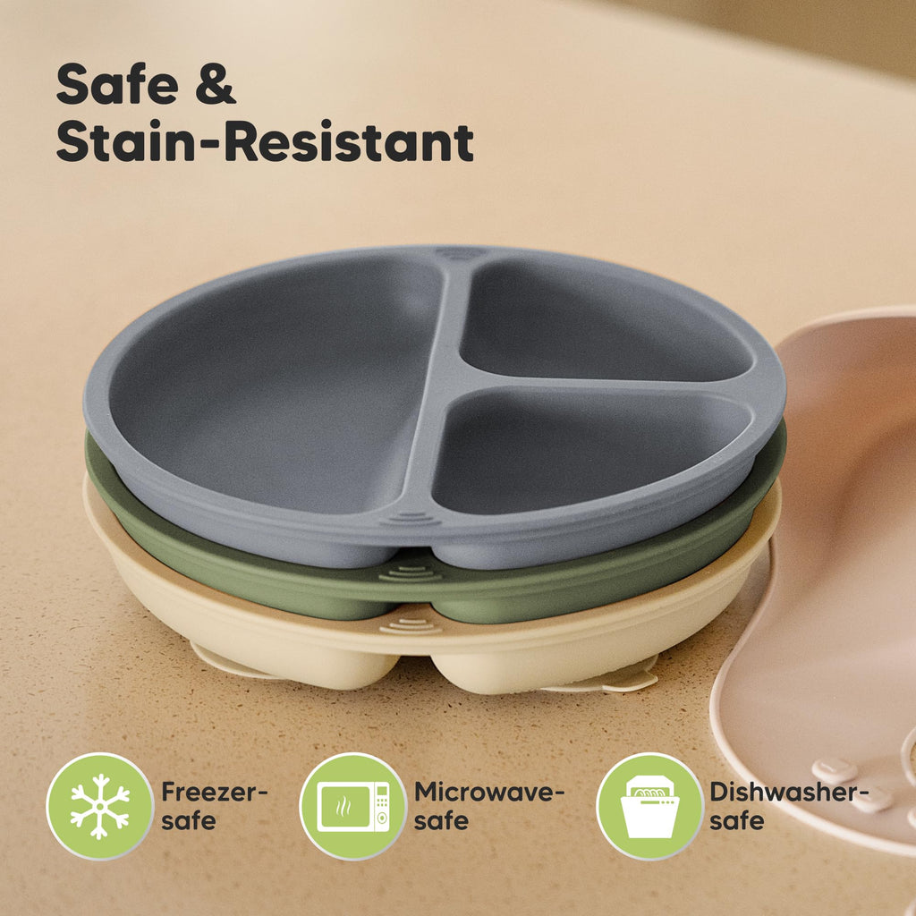 KeaBabies Suction Plates for Baby, Toddler, 3-Pack, 100% Silicone (Slate)