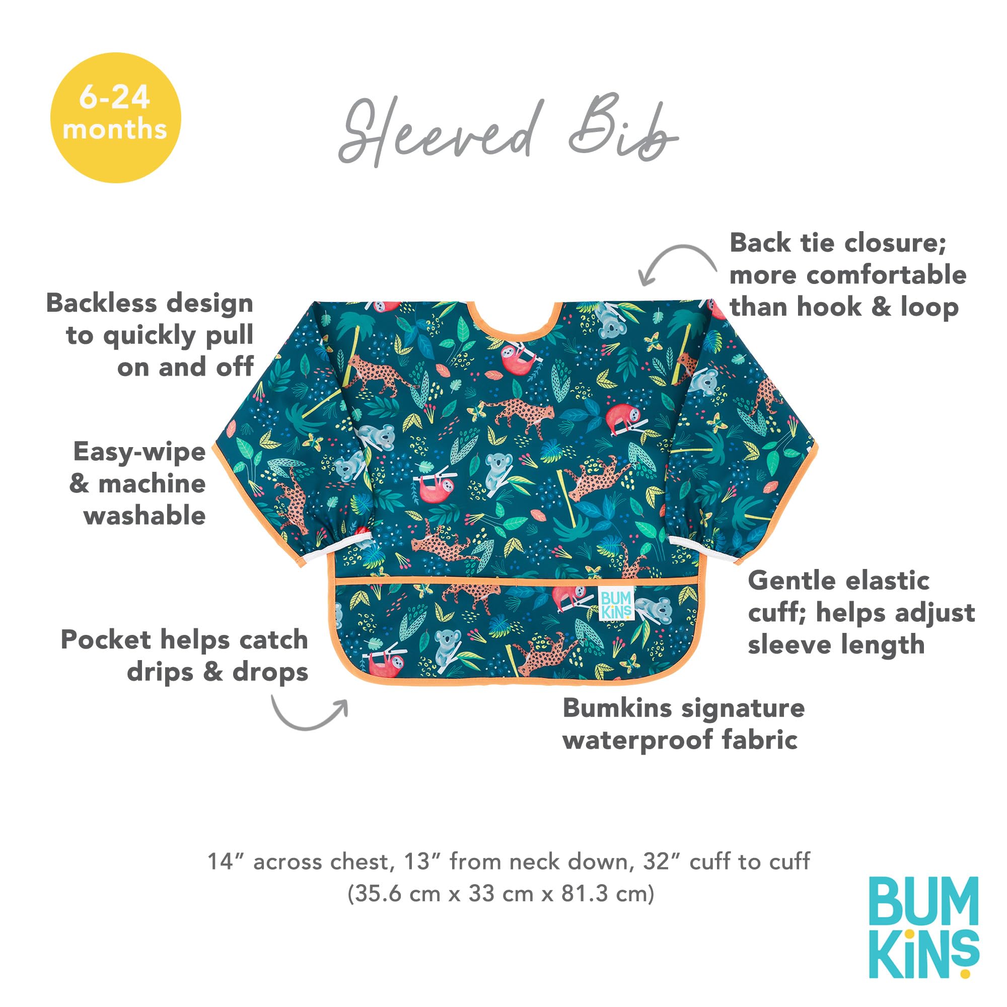 Bumkins - Sleeved Bib - For Boys & Girls, Babies & Toddlers 6-24 Months - Lightweight, Durable, Waterproof - Long Sleeve Bib - Catch-All Pocket - Wipeable & Machine Washable - Jungle & Ocean - 2 Pack