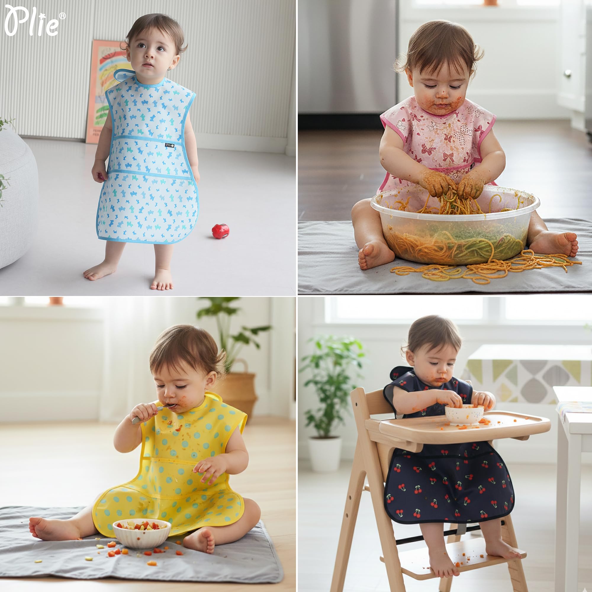 Plie Full Coverage Waterproof Feeding Bib for Toddlers – Extra Long Apron Bib for Mealtime, Self-Feeding, High Chair, Food Catcher, BPA-Free, Easy to Clean – Brown Check