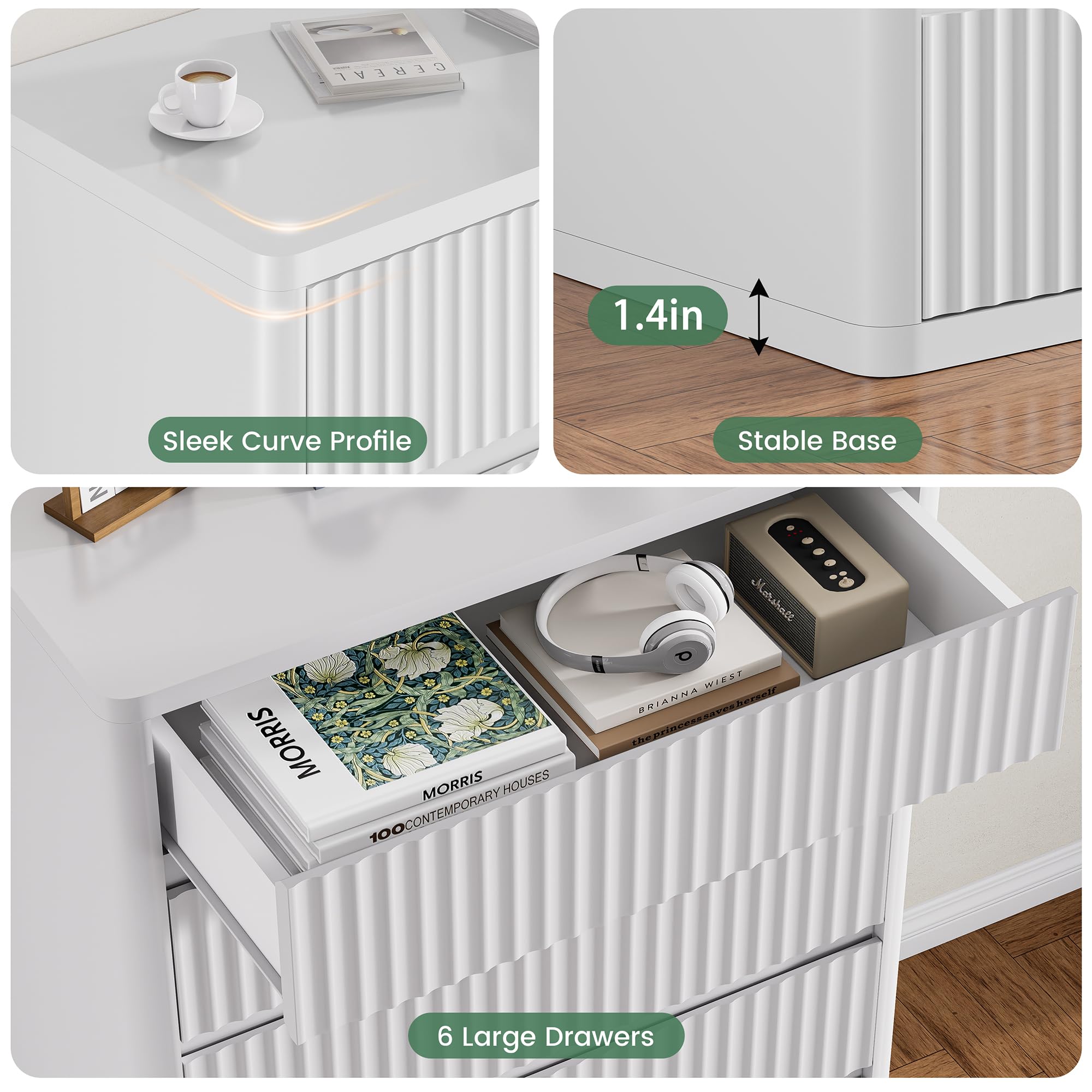 Standifurno 56" Tall Dresser for Bedroom, White Fluted Dresser with 6 Deep Drawers, Modern Chest of Drawers with Curved Profile, Handleless, Wooden Drawer Organizer for Living Room, Hallway, Closet