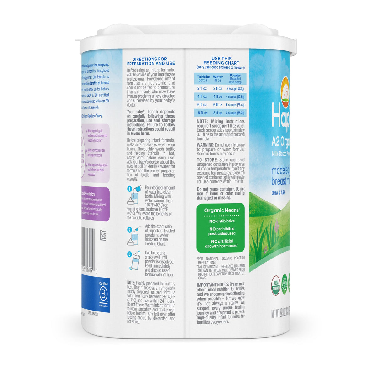 HAPPY BABY Stage 1 A2, 0-12 Months, Organic Infant Formula, 22.9oz (1 Pack)