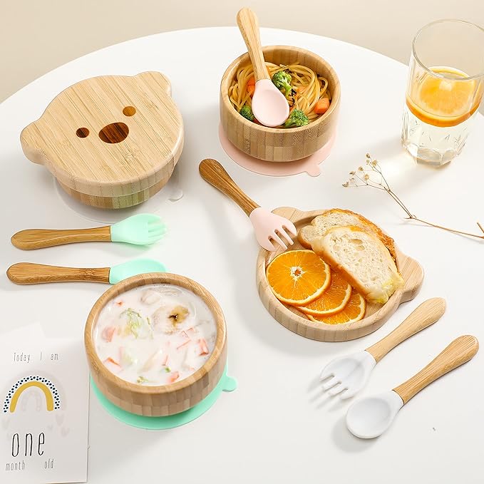 Baby Bowls with Lid,HBM Bamboo Suction Bowls for Baby and Spoon Set,3PC Feeding Supplies Set for Infant, Toddlers,Detachable Silicone Suction Stay Put Base for Wooden Bowl (Pink)