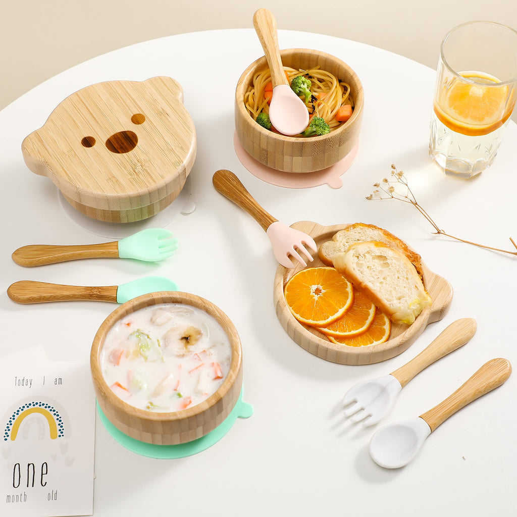 Baby Bowls with Lid,HBM Bamboo Suction Bowls for Baby and Spoon Set,3PC Feeding Supplies Set for Infant, Toddlers,Detachable Silicone Suction Stay Put Base for Wooden Bowl (Pink)