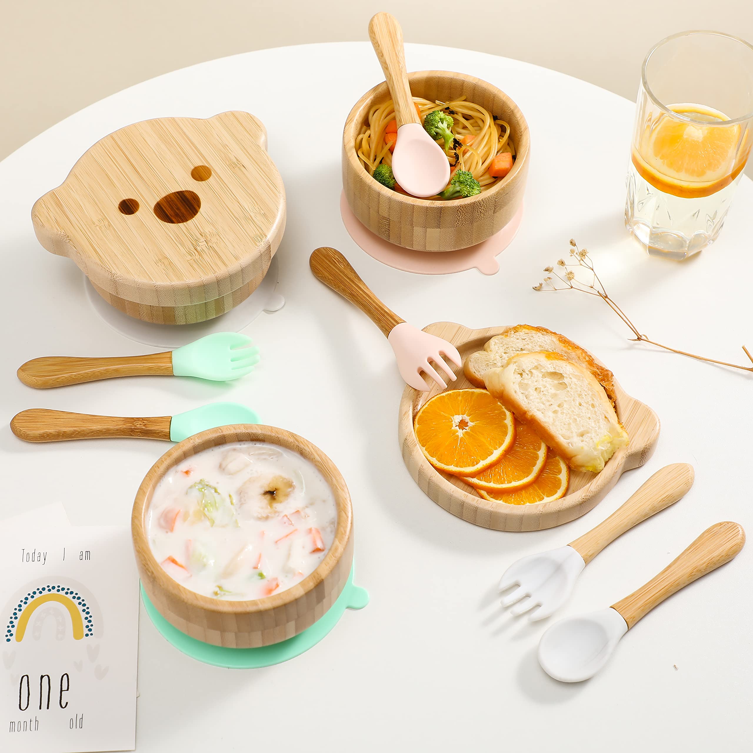 Baby Bowls with Lid,HBM Bamboo Suction Bowls for Baby and Spoon Set,3PC Feeding Supplies Set for Infant, Toddlers,Detachable Silicone Suction Stay Put Base for Wooden Bowl (Pink)