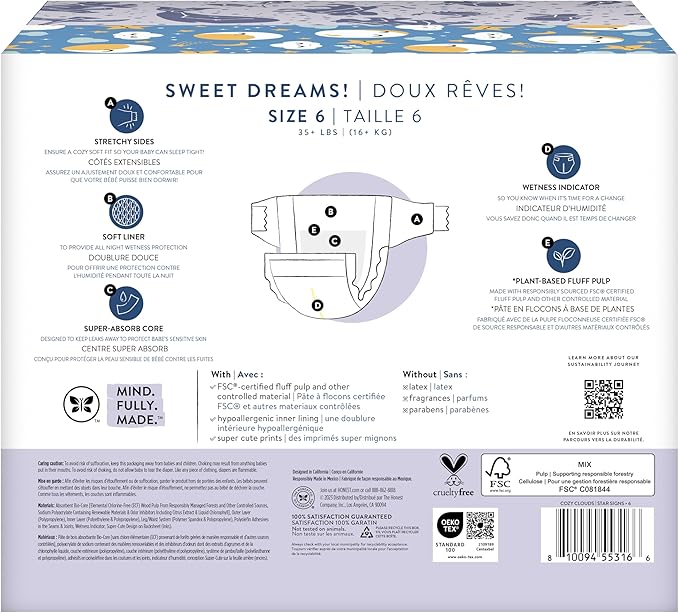 The Honest Company Clean Conscious Overnight Diapers for Sensitive Skin, Hypoallergenic Fragrance-Free Baby Diapers, Cozy Cloud and Star Signs Design, Club Box, Size 6 (35+ lbs), 34 Count