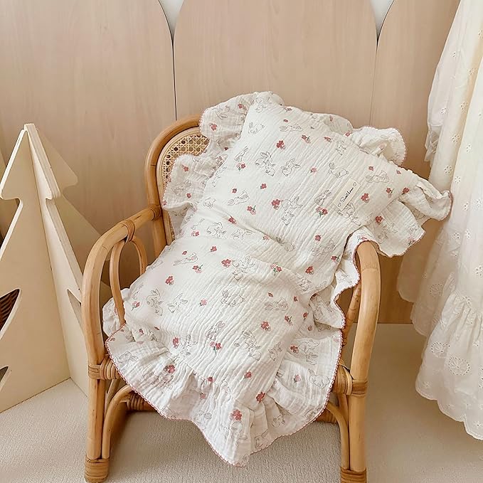 AOJIM Muslin Cotton Kids Toddler Pillowcase with Floral and Rabbit Pattern, Super Soft Comfy Ruffle Edge Nursery Pillowcase for Boys and Girls, Machine Washable Baby Bedding Pillowcase 1pc, 20"x14"