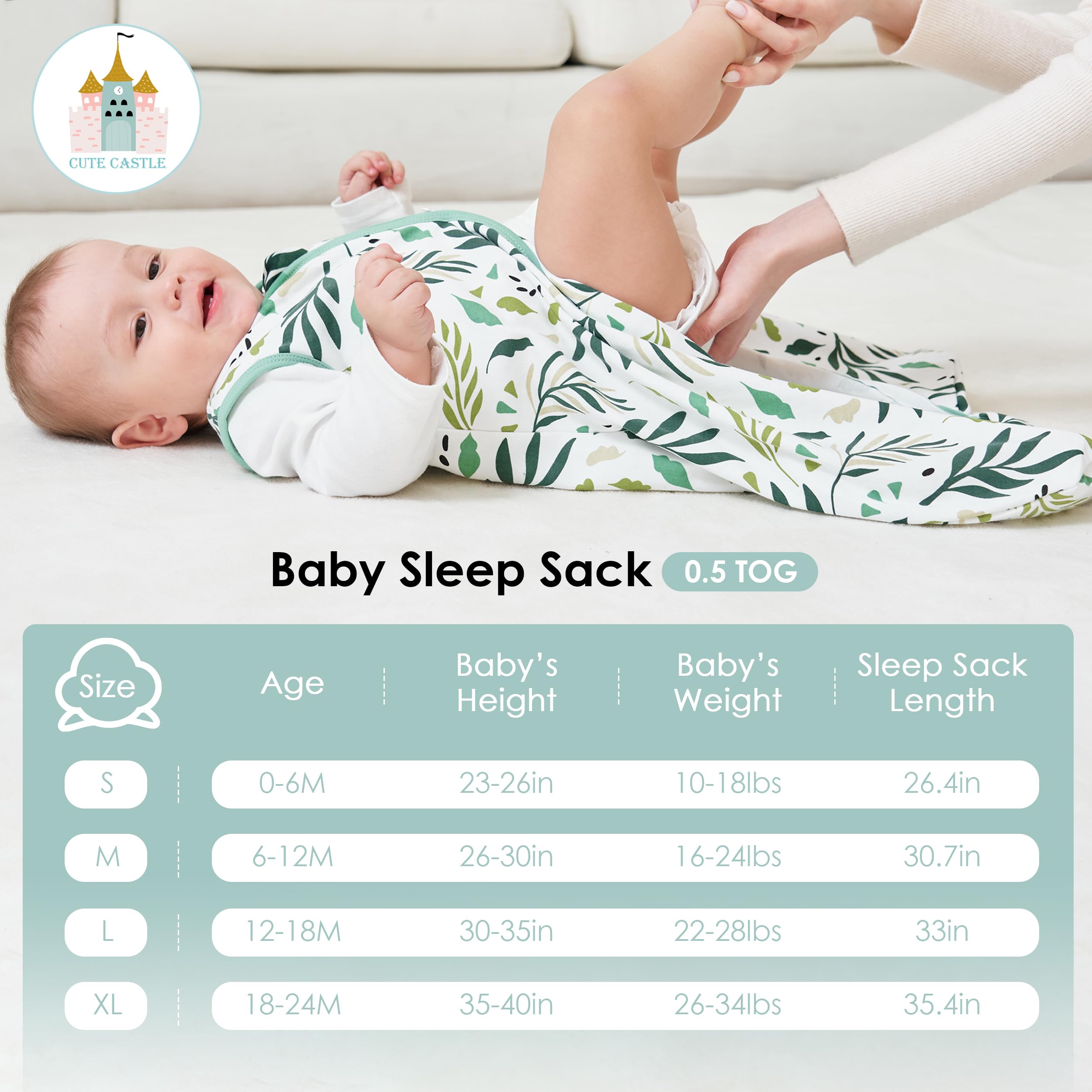 Cute Castle Baby Sleep Sack 12-18 Months - Lightweight 100% Cotton 2-Way Zipper TOG 0.5 Infant Wearable Blanket, Newborn Essentials Toddler Sleep Clothes (3 Pack Green)