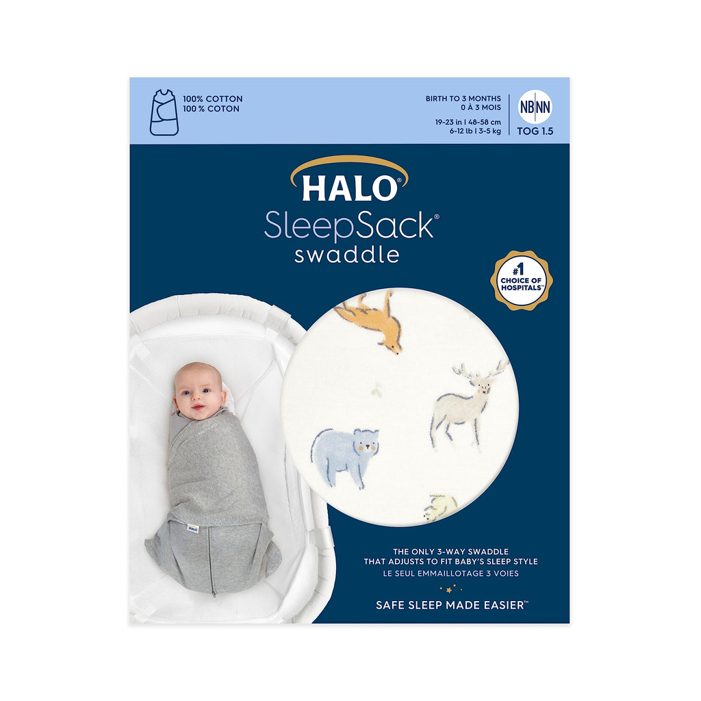 HALO 100% Cotton Sleepsack Swaddle, 3-Way Adjustable Wearable Blanket, TOG 1.5, Forest Friends, Newborn, 0-3 Months