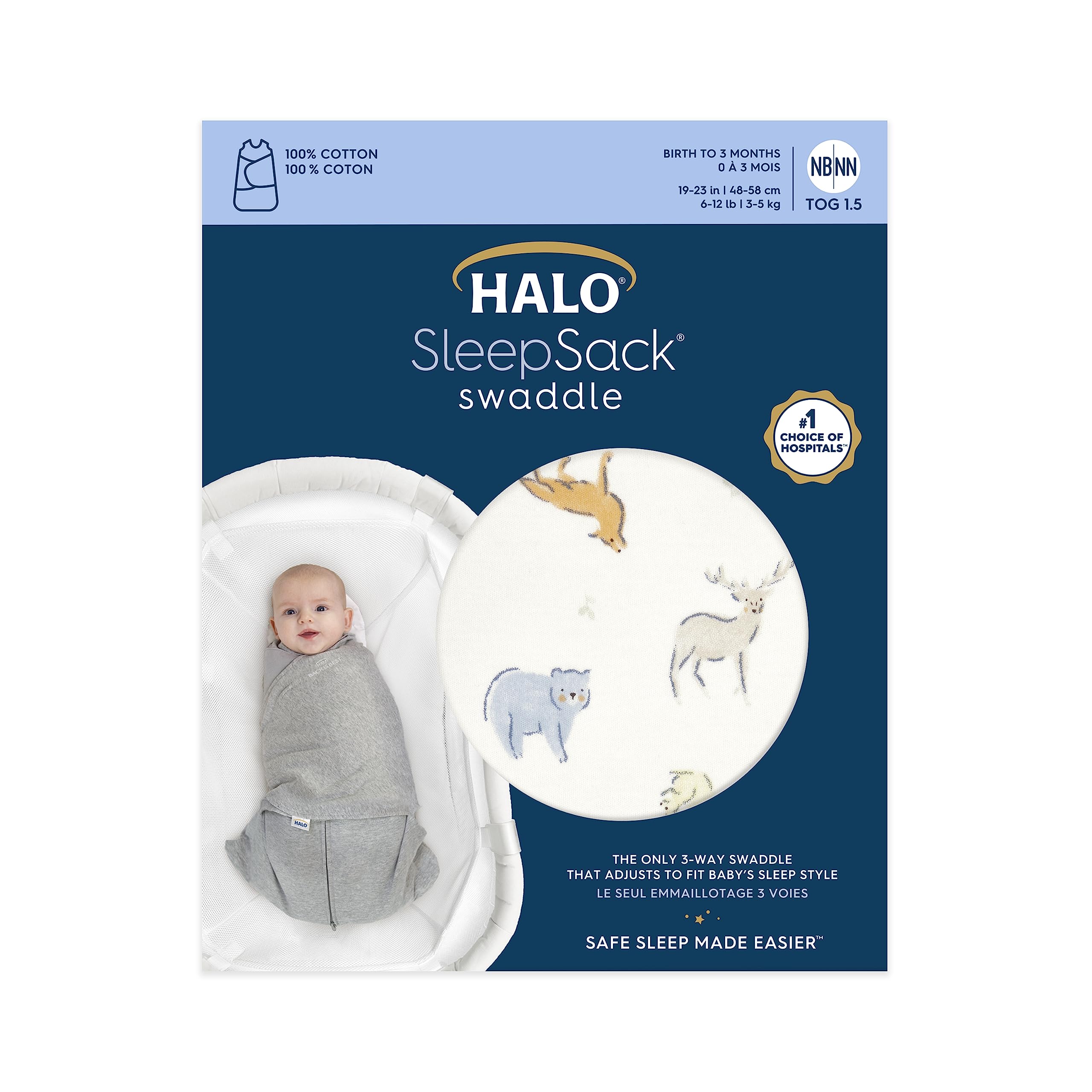 HALO 100% Cotton Sleepsack Swaddle, 3-Way Adjustable Wearable Blanket, TOG 1.5, Forest Friends, Newborn, 0-3 Months