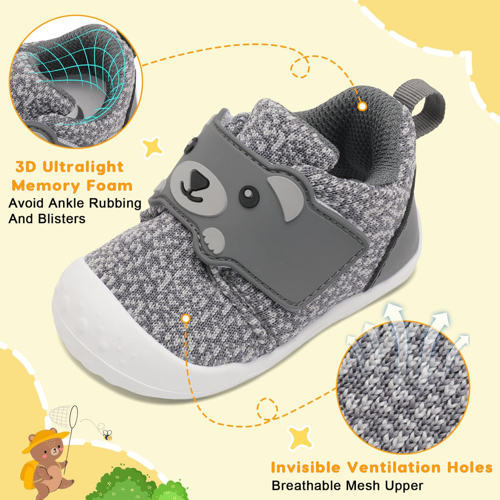FEETCITY Wide Infant Sneakers - Baby First Walking & Slip On Shoes, Lightweight Barefoot Shoes, 2.5-3 Years, Grey