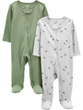 Simple Joys by Carter's Baby Boys' 2-Pack 2-Way Zip Textured Sleep and Play, Sage/Avocados, Newborn