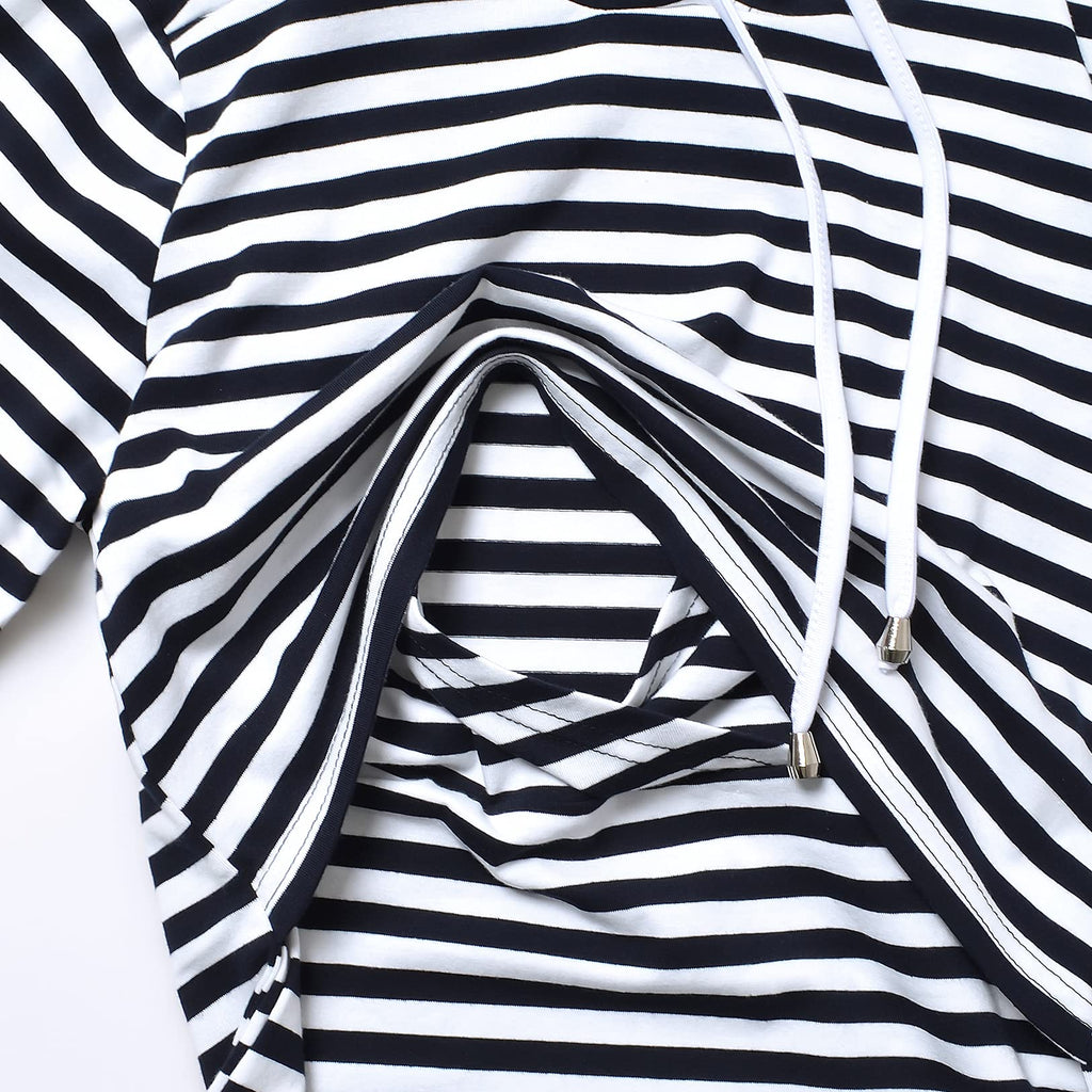 GINKANA Women's Nursing Pullover Hoodie Long Sleeves Sweatshirt Maternity Casual Nursing Top,Black with White Stripes,L