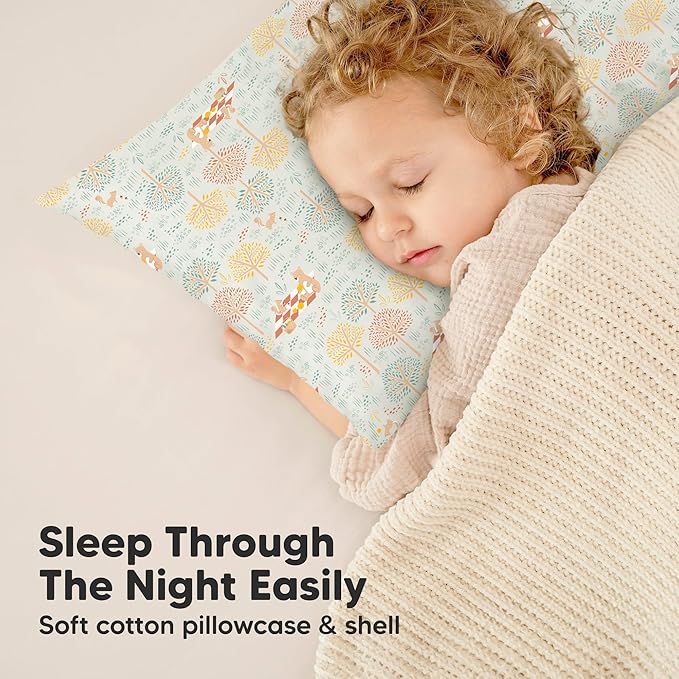 Toddler Pillow with Pillowcase - 13x18 My Little Dreamy Kids Travel Bed Pillows for Sleeping, Organic Cotton Small Pillowcase, Soft & Breathable, Machine Washable, Toddlers 2-5 years old (Wild Picnic)