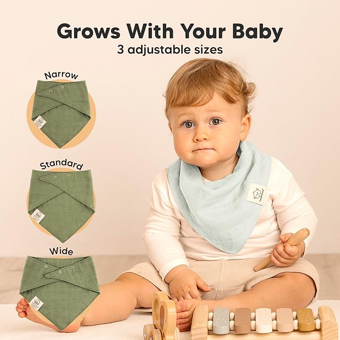 8-Pack Muslin Baby Bibs for Boys, Girls - Muslin Bandana Drool Bibs for Baby Girl & Boy, Drooling Newborn, Teething Toddler, Infant 0-36 Months, 100% Cotton Extra Absorbent & Soft (Pine)