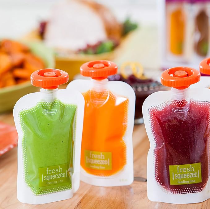 Infantino Squeeze Station, Baby Food Maker & Pouch Filler, Fill 3 Reusable Pouches at Once, Easy to Use, Dishwasher Safe, Homemade Baby Food Prep Essential, Purple